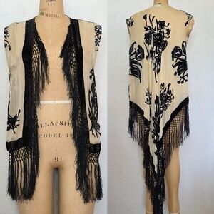Free People Cream Black Fringe Sheer Embroidered Vest